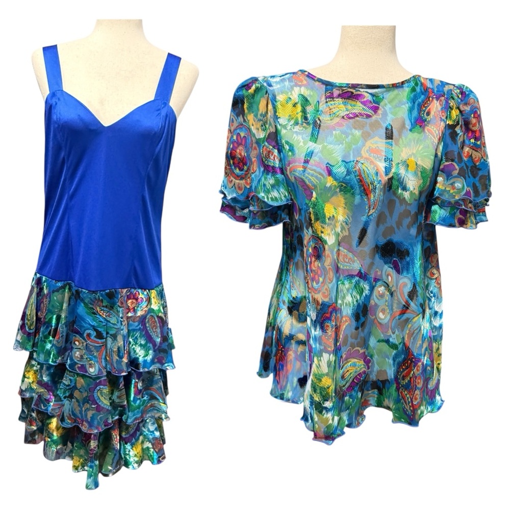 Ann Hobbs Cattiva Peacock Drop Waist Sleeveless Ruffled Dress Sz 8 2 Pc 80s Blue